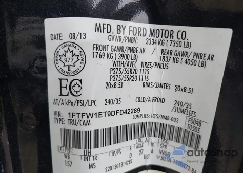 2013 Ford F-150 Xlt from USA, damaged, VIN 1FTFW1ET9DFD42289